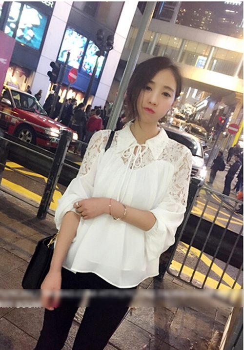 名媛風精緻蕾絲雪紡襯衫(白色)