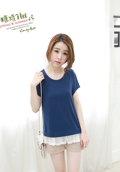 韓版蕾絲純色棉衫(藍色) TT204841344