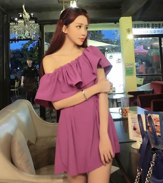 新款韓版一字領連衣裙(紫色)