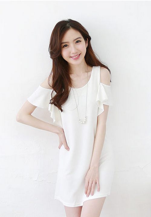 新款韓版露肩洋裝連衣裙(白色)
