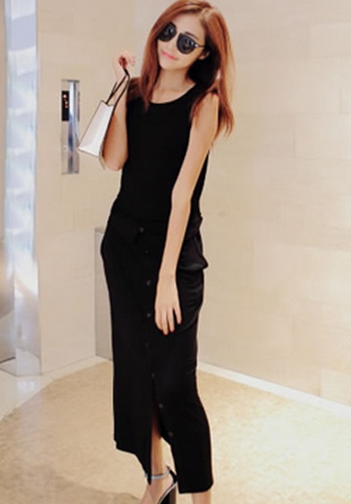 新款韓版無袖洋裝長裙連衣裙(黑色)