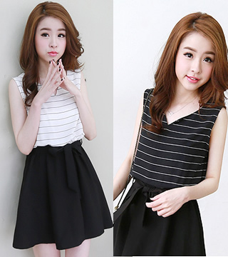 韓版無袖短裙假兩件套連衣裙(黑) YI206402430