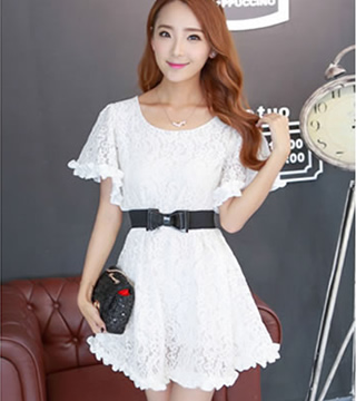 韓國新款披肩袖蕾絲短袖連衣裙(白)