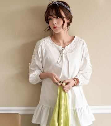 韓版氣質學院風文藝綁帶蕾絲荷葉邊襯衫連衣裙(白色)