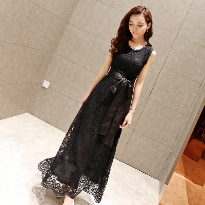 優雅氣質時尚流行修身無袖蕾絲長裙連衣裙仙女裙(黑色)