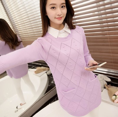 韓版針織襯衫領套頭寬鬆提花中長款毛衣打底衫(紫色)