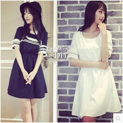韓版時尚蕾絲花邊拼接設計收腰顯瘦連衣裙(白色)
