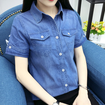 韓版薄款牛仔襯衫短袖(深藍色)