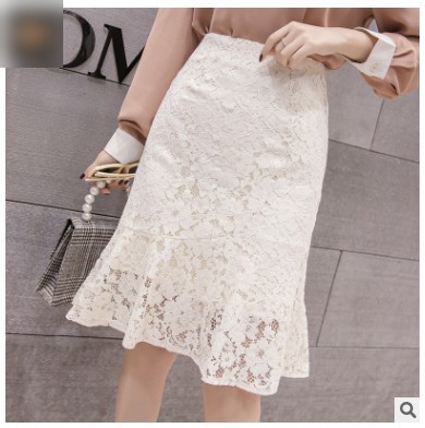 韓版秋冬款不規則高腰包臀短裙魚尾裙蕾絲半身裙(白色)