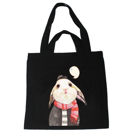 環保袋帆布包復古單肩包手提環保購物袋(兔子)(兩用黑色)