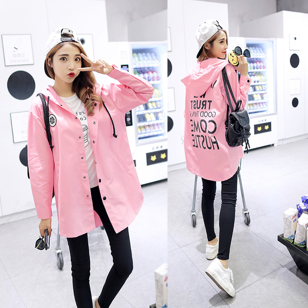 韓國學生風連帽中長款風衣薄款休閒棉外套(粉色)