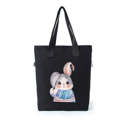 日韓版款單肩包休閒帆布手提包惻肩袋(兔子黑色)