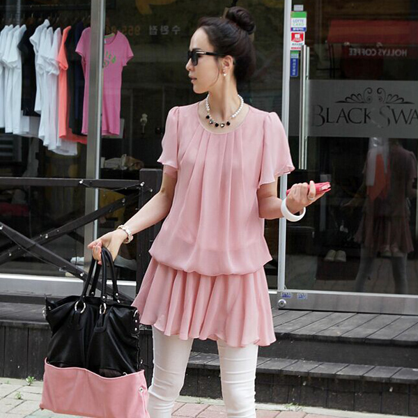 韓版時尚純色荷葉邊下擺雪紡裙連衣裙(粉色)